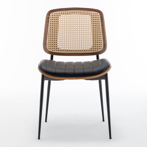 LUNLING Dining Chairs Set of 4 Mid Century Modern Retro Faux Leather Kitchen Chair with Walnut Bentwood Upholstered Seat Metal Legs Adjustable Foot for Kitchen Dining Room Chairs(Black-Rattan Back) - color: Black2, size: Set of 4