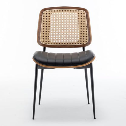 LUNLING Dining Chairs Set of 4 Mid Century Modern Retro Faux Leather Kitchen Chair with Walnut Bentwood Upholstered Seat Metal Legs Adjustable Foot for Kitchen Dining Room Chairs(Black-Rattan Back) - color: Black2, size: Set of 4