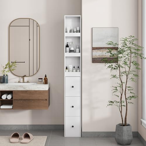 ARTETHYS Tall Narrow Bathroom Storage Cabinet with Side Rack & Drawers | 3-Level Adjustable Shelves, Slim Free Standing Space Saver Organizer for Living Room Kitchen, Classic White - color: White With Side Rack