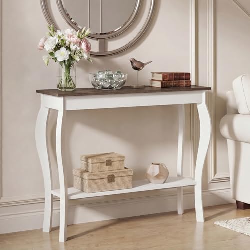 ChooChoo 39" Narrow Farmhouse Entryway Table with Storage Shelf, Soft White | Console Table with Curved Legs, Chic Accent Sofa Table with Shelves for Entryway, Living Room, Hallway - color: Soft White