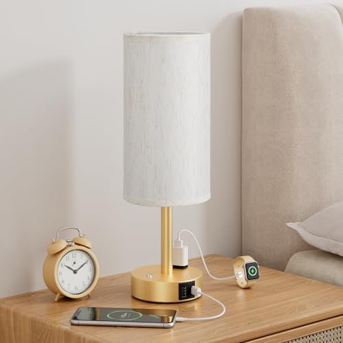 Gold Touch Bedside Lamp for Bedroom, Stepless Dimmable, USB A+C, AC Outlet | Base Touch Button Only, Memory Brightness, Ultra-dim Night Light, Included Bulb for Optimal Dimming, Cream Fabric Shade, Desk - color: Beige & Gold