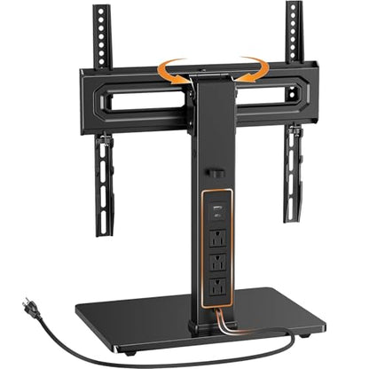 Perlegear Universal Swivel TV Stand with Power Outlet for 34–65 inch TVs | Tilt, 6 height adjustments, stable tempered glass base, security locks, cable management, 88 lbs max load, max VESA 400x400mm - size: 34-65 inch