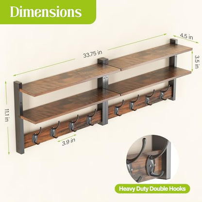 2 Tier Coat Rack Wall Mount with Shelf, 33" Wall Shelf with Hooks, Entryway Key Holder for Wall with 8 Heavy Duty Double Hooks, Coat Hook Wall Mounted for Bedroom, Living Room, Rustic Brown - color: Brown-2 Pack