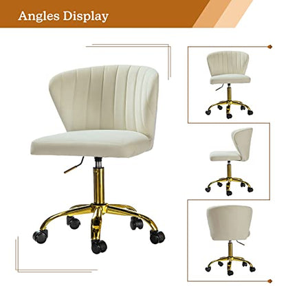 TINA'S HOME Office Desk Chairs with Wheels & Gold Base, Modern Velvet Cute Armless Office Chair, Adjustable Low Back Swivel Rolling Chair, Upholstered Task Chair for Living Room Vanity Study-Ivory | Modern Velvet Cute Armless Office Chair, Adjustable Low