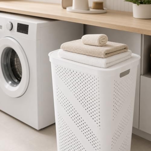 24 Inch Plastic Laundry Hamper with Lid, Slim Ventilated Clothes Basket and Large Dirty Cloth Towel Storage Bin for Laundry Rooms, Bathrooms and College Dorms, White