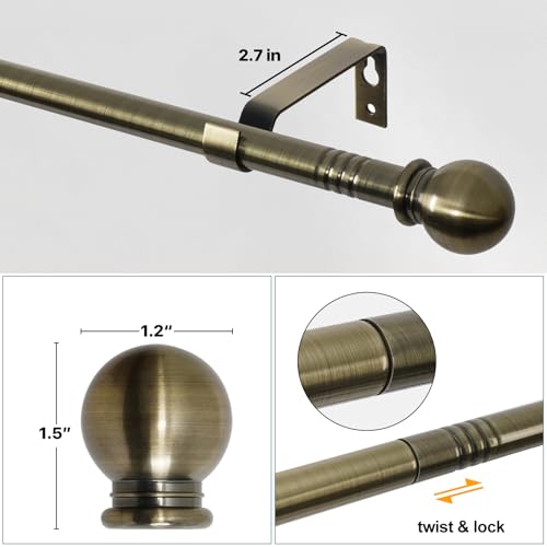 Antique Brass Curtain Rods for Windows 28 to 48 inch, 5/8 inch Small Curtain Rod Set with Brackets, Heavy Duty Drapery Rod for Bedroom, Living Room, Brushed Brass - color: Antique Brass, size: 28 to 48 inch