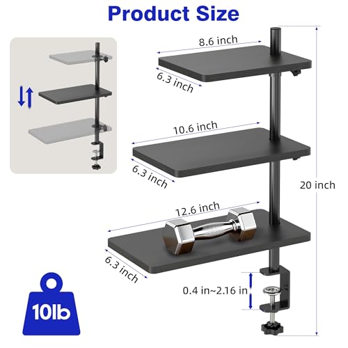 3 Tiers Clamp On Desk Shelf, 360° Angle Adjustable Desktop Shelf Organizer for Home Office Gaming Room, No Drill Desk Extender Adapt to 0.4-2.16 inches Table Thick, Black Brown - color: 3-tier Black