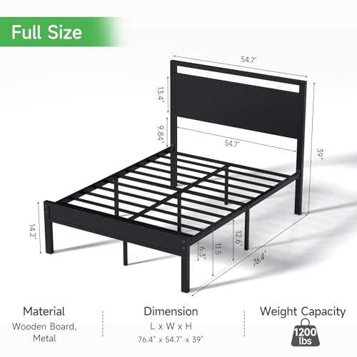 Z-hom Full Bed Frame with Wooden Headboard & Footboard,Metal Platform Bed | Heavy Duty Metal Slat Support,No Box Spring Required,Quiet Non-Slip Construction with Underbed Storage Space,Black - color: Black, size: Full