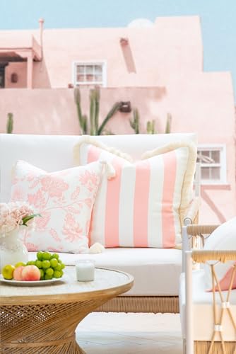 Hofdeco Premium Coastal Patio Indoor Outdoor Pillow Cover Only, 20"x20" Water Repellent for Backyard, Couch, Blush Pink Stripe Fringe - color: Blush Pink Stripe 20"x20"