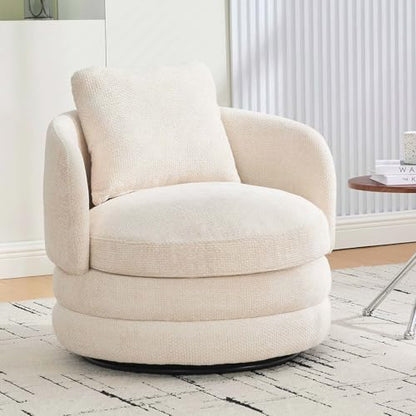 Round Swivel Barrel Chair with Comfy Pillow, Beige Small Accent Chair with Curved Backrest, Modern Upholstered Armchair & Chenille Barrel Accent Chairs for Living Room Bedroom Office (Beige) - color: Beige