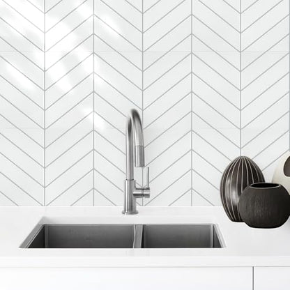 STICKGOO Herringbone Peel and Stick Backsplash, White/Grey Grout, 10 Sheets | 12.6 x 9.7 in, Thicker Rectangular Vinyl Stick-On Wall Tiles, Easy Alignment, Waterproof, Easy to Clean, Kitchen/Bathroom - color: White With Grey Grout, size: Pack of 10
