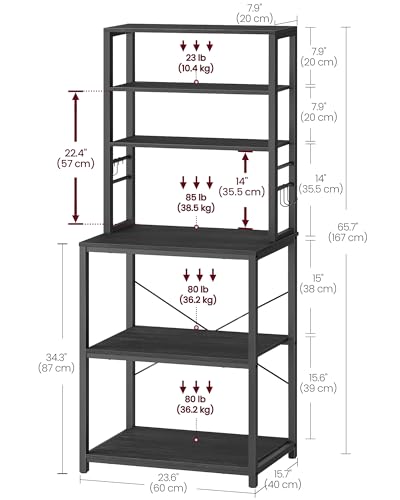 VASAGLE Coffee Bar, 23.6 Inches 6-Tier Baker's Rack with 6 Hooks | Industrial Microwave Stand, 15.8 x 23.6 x 65.8 Inches, Charcoal Gray and Ink Black, BARNET Collection UKKS024B22 - color: Charcoal Gray + Ink Black, size: 23.6"W, style: No Power Outlet
