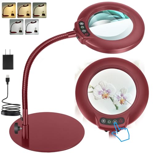 IVMAIE 12X Magnifying Glass with Light, Real Glass Lens, 5 Color Modes Dimmable, Flexible Gooseneck Lighted Magnifier with Stand, LED Desk Lamp Hands Free for Crafts Painting Reading Close Work, Red - color: Red