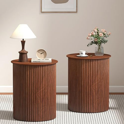 Round Fluted Side Table Set of 2, 17.7" Mid-Century Modern End Tables, Wooden Bedside Table Round Nightstand Small Circle Sofa Accent Table for Living Room, Bedroom Home(Walnut) - color: Walnut, size: 17.7"D x 17.7"W x 21.6"H