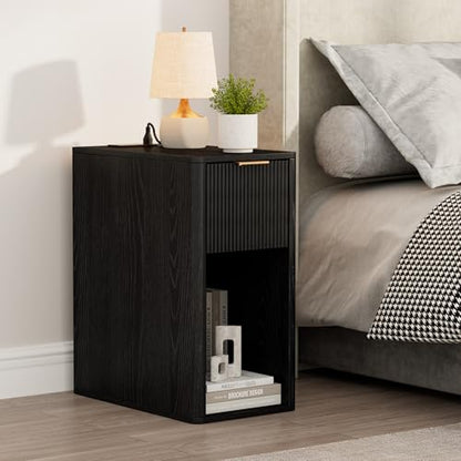 Homleke Narrow End Table with Fluted Drawer & Charging Station | Compact Nightstand with USB Ports & Outlets, Bedside Table for Bedroom, Living Room, Modern Accent Table, Black - color: Black