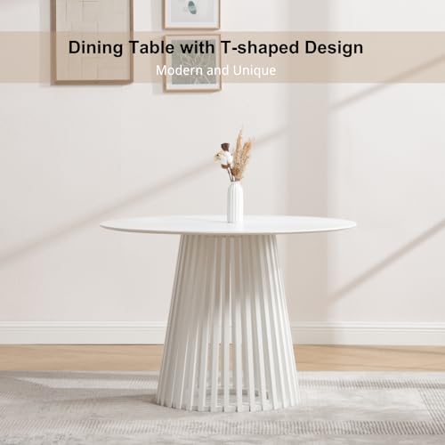 HEAH-YO Round Dining Table Set of 1, Modern Kitchen Table with Solid Wood Stripes, 43” Wood Dinner Table for Kitchen Dining Room, White - color: White