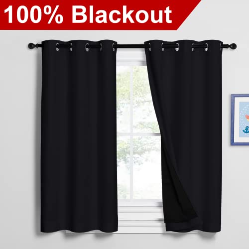 NICETOWN Black Out Curtains 54 inches Length Set of 2, 2 Thick Layers Completely Blackout Window Treatment Thermal Insulated Lined Drapes for Basement Window (42 inches Width Each Panel) - color: Black, size: 42"W x 54"L (Pack of 2)