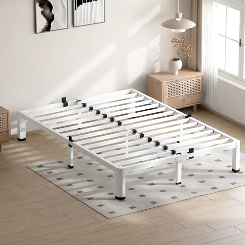 18 Inch White Queen Bed Frame with Round Corners No Box Spring Needed | 3500lbs Heavy Duty, Under bed storage, 4 mattress stoppers, Headboard holes, Noise-free, Easy assembly & rubber covers - size: Queen, style: 10 Inch White