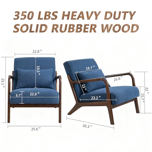 Mid Century Modern Accent Chair with Wooden Frame & Linen Upholstery, Comfortable Mid Century Lounge Chair with Pillow, Wooden Accent Chair for Living Room, Bedroom or Reading Corner - color: Navy Blue (Linen + Walnut Finish), size: 1-Piece