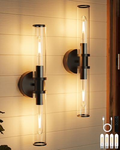 Rayogale Black Wireless Battery Operated Wall Sconces with Remote Control | Glass Rechargeable Wall Lights Set of 2 with Timer Function Dimmable for Living Room Bedroom Emergency 3000K, 20.5 Inch - color: Black(Clear Tubular Lampshade)