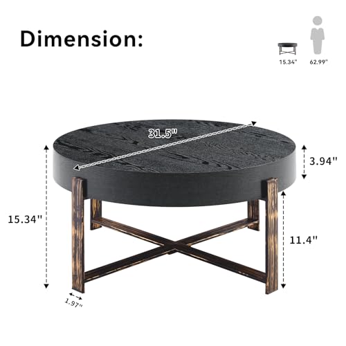 Round Coffee Table, Mid Century Small Coffee Table with Metal Legs, Wood Coffee Table Accent Center Table for Living Room Apartment Small Space (31.5''D-Black) - color: X Black