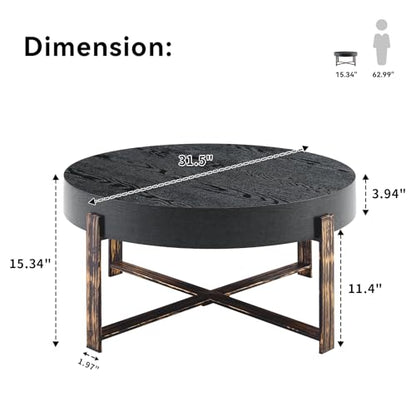 Round Coffee Table, Mid Century Small Coffee Table with Metal Legs, Wood Coffee Table Accent Center Table for Living Room Apartment Small Space (31.5''D-Black) - color: X Black