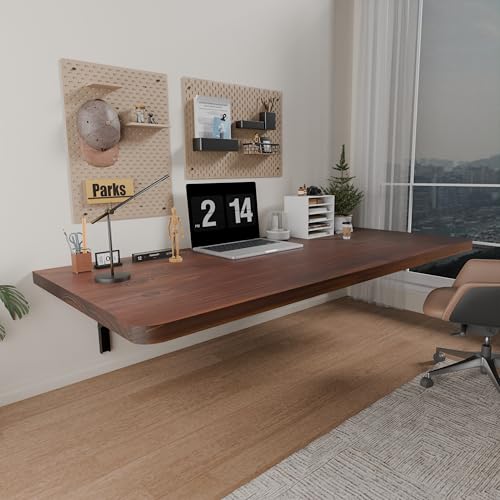IAE Floating Wall Mounted Folding Table Desk with Pine Wood,48x22in, Walnut | Foldable Workbench,Fold Down Wall Mounted Foldable Desk with Shelf Brackets,Laundry Folding Table for Home,Dining,Kitchen - color: Walnut, size: 48*22*10 Inch