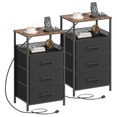 JARHETUN Nightstand Set of 2, Night Stands with Charging Station, 26.4 Inch Tall Bedside Table with Metal Shelf, Modern Side End Table with 3 Fabirc Drawers, Small Dresser for Bedroom, Rustic Brown - color: Rustic Brown, style: Power