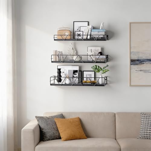 Floating Shelves for Wall Set of 3, Shelf for Home Storage Decor | Wall Mounted Hanging Shelves for Living Room, Bedroom, Bathroom, Kitchen - Black - color: Black