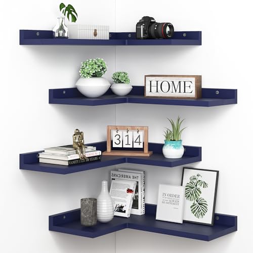 4 Tier Floating Shelves - Navy Blue Set of 4, Rustic Pine Wooden L Shaped Corner Wall Shelf for Wall Decor Storage, Bedroom, Living Room, Bathroom, Kitchen - color: Navy Blue Floating Corner Shelves
