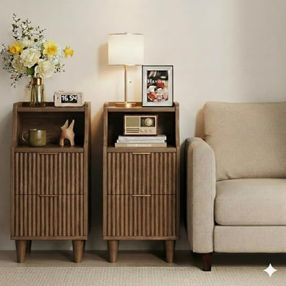 11.8" Narrow Fluted Nightstand Set of 2,Slim Side End Table with 2 Drawers,Mid-Century Modern Bedside Table,Skinny Night Stand for Bedroom, Small Space - color: Walnut