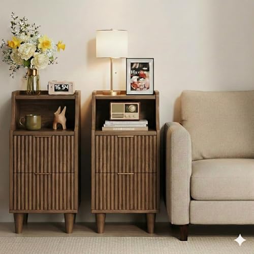 11.8" Narrow Fluted Nightstand Set of 2,Slim Side End Table with 2 Drawers,Mid-Century Modern Bedside Table,Skinny Night Stand for Bedroom, Small Space - color: Walnut