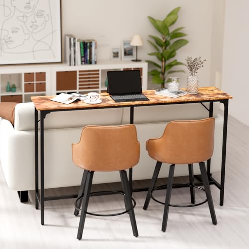 VINGLI 63 Inch Counter Height Bar Table Set with 2 Bar Stools, Wood Narrow Long Pub Table Set, Compact Bar Table for Kitchen/Dining Room/Sofa, Brown - color: Brown, size: 63"L