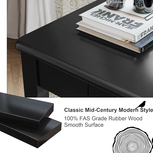 100% Solid Wooden Desk with Drawers - 47 x 16 Inch Modern Narrow Desks, Rubber Wood Study Table, Small Writing Desk for Small Spaces|Bedroom - Black Desks - color: Black, size: 47.2 in W x 15.7 in D
