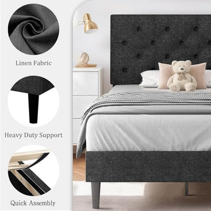 HOMBCK Twin Size Bed Frame with Adjustable Headboard, Linen Fabric Upholstered Bed Frame with Wood Slats, Twin Bed Frames for Kids, Button Tufted Design, No Box Spring Needed, Dark Grey - color: Dark Grey, size: Twin