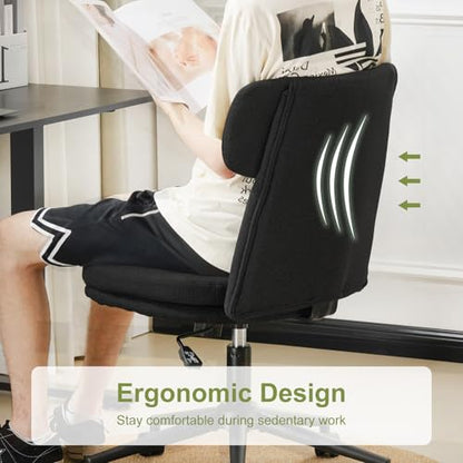 Armless Office Chair with Wheels, Luxury Chenille Swivel Desk Chair with Ergonomic Curved Full Back, Double-Layer Seat, Adjustable Modern Vanity Chair for Makeup, Home Office, Black - color: Black, size: Full Back