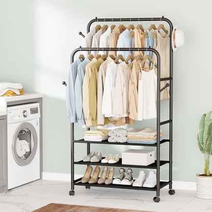 Furologee Clothes Racks for Hanging Clothes, Double Rods Clothing Rack with 3-Tier Storage Shelves, Rolling Garment Wardrobe with Wheels, Portable Free Standing Closet for Bedroom, Laundry Room, Black