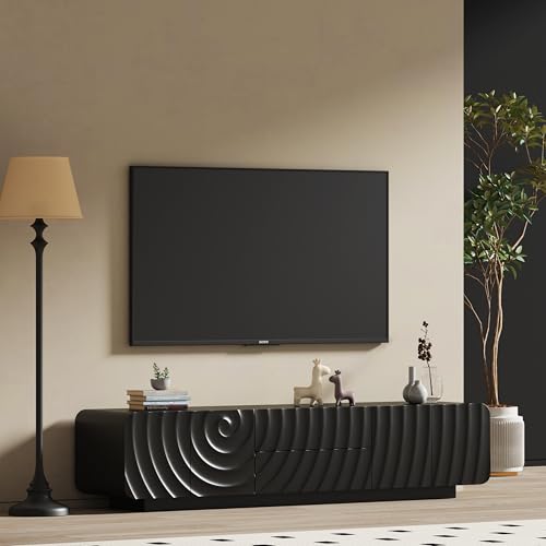 KEIKI 70.9" TV Stand for TVs Up to 79", Modern Entertainment Center with Spiral Wave Cabinet Doors, 2 Drawers and Storage Cabinets, Floor Standing Media Console for Living Room, Black - color: Black, size: 71"L