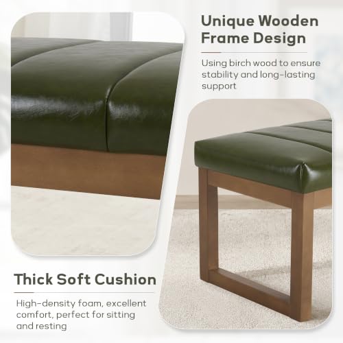 52.7" Bedroom Bench for End of Bed, Faux Leather Entryway Bench (Green-PU) | Modern Upholstered Dining Bench & Footrest Stool Bench with Solid Wood Frame for Bedroom, Living Room - color: Green-pu