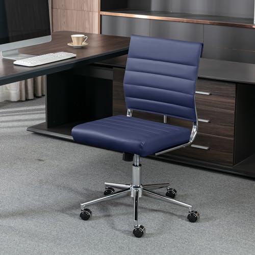 Okeysen Armless Office Desk Chair, Mid Back Ergonomic Swivel Conference Room Chair, Adjustable Height PU Leather Home Desk Chair, Modern Small Rolling Computer Task Chair, Navy Blue - color: Navy Blue