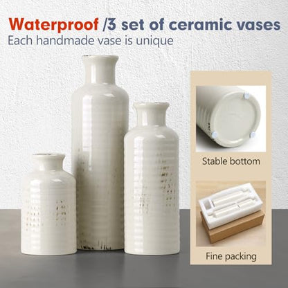 White Ceramic Vase Set of 3, Rustic Vase for Farmhouse Shelves Waterproof | Farmhouse Vases for Pampas Grass & Dried Flowers, Rustic Vase for Table Bookshelf, Living Room - color: 3pcs-crack White