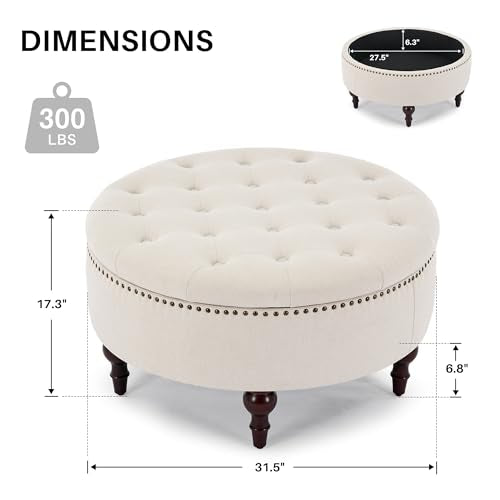 31.5" Round Storage Ottoman, Tufted Linen Coffee Table, Beige | Large Ottoman with Solid Wooden Legs and Nailheads, Side Table for Living Room Bedroom Office - color: Beige