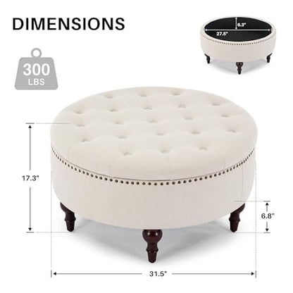 31.5" Round Storage Ottoman, Tufted Linen Coffee Table, Beige | Large Ottoman with Solid Wooden Legs and Nailheads, Side Table for Living Room Bedroom Office - color: Beige
