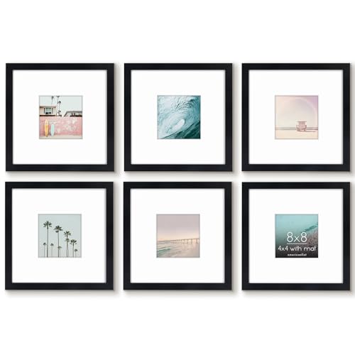 Americanflat 8x8 Picture Frame 6-Pack - Matted to 4x4 - Black | Engineered Wood construction, Shatter-resistant glass, wall or tabletop display with included easel, secure turn-tab backing - color: Black, size: 8X8, style: 6 Pack