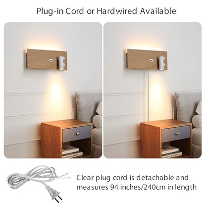 Modern LED Plug in Wall Sconce, Wall Light with Shelf and USB Charging Port, Rotatable Reading Spotlight & Soft Backlight, Plug-in or Hardwired Wall Lamp for Bedroom Bedside, Light Wood Grain Finish - size: 2-light Right Switch White