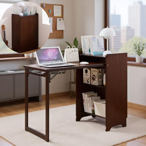 Walnut Foldable Office Desk, Fold Out Convertible Hidden Computer Desk with Storage Shelves, Multi-Function Folding Murphy Writing Table for for Small Spaces, Home Office - color: Walnut