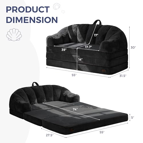 MAXYOYO Folding Sofa Bed, 2 in 1 Convertible Sofa to Lounger | Comfy Loveseat Bean Bag Chair for Adults, Floor Couch with Handle, Faux Fur Couch Bed for Living Room Bedroom, Black - color: Black, size: Loveseat