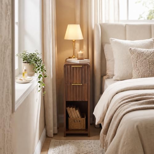 Fluted Slim Side Table with 2 Drawers and Bottom Open Shelf, Skinny End Table with Gold Handles, Walnut Narrow Accent Table for Living Room Bedroom