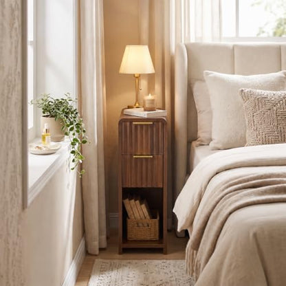 Fluted Slim Side Table with 2 Drawers and Bottom Open Shelf, Skinny End Table with Gold Handles, Walnut Narrow Accent Table for Living Room Bedroom