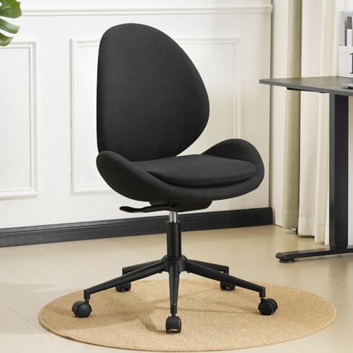 Armless Office Chair with Wheels, Luxury Chenille Swivel Desk Chair with Ergonomic Curved Teardrop Back, Double-Layer Seat, Adjustable Modern Vanity Chair for Makeup, Home Office, Black - color: Black, size: Teardrop Back